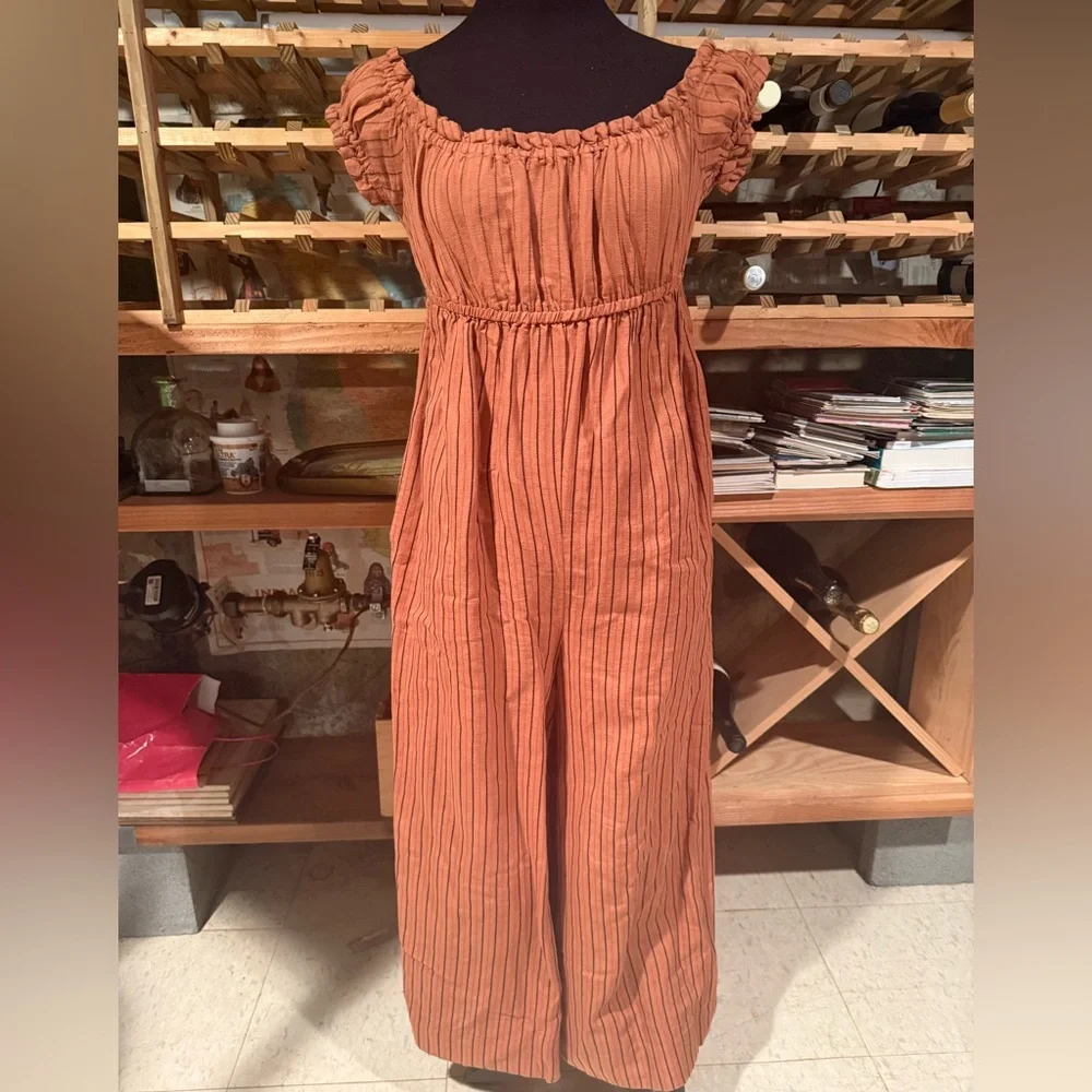 Intimately Free People‎ Rust Orange Striped Off Shoulder Wide Leg Jumpsuit Small
